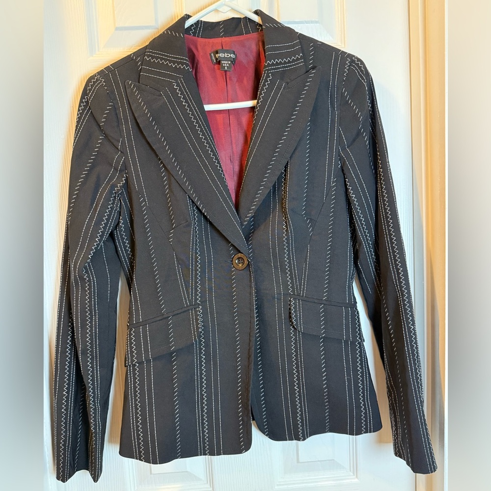 bebe Black Pinstripe Blazer with Red Lining